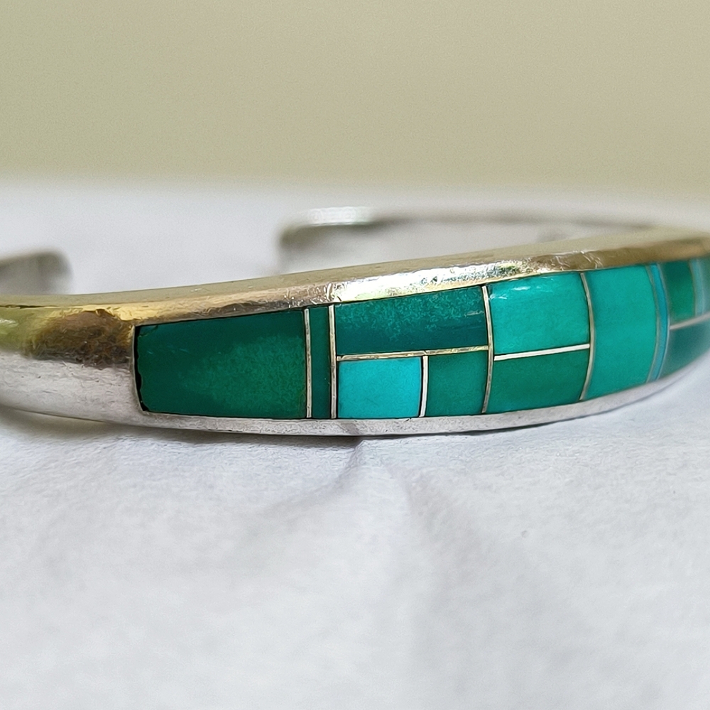 Teme sterling silver and turquoise inlay tapered bangle bracelet - Picture 3 of 11